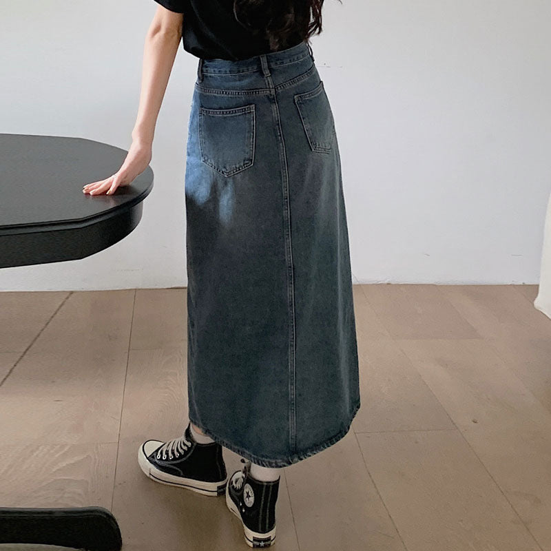 Chic Design Fitted Midi Skirt with High Waist Side Split Vintage Style Denim Skirt for Women