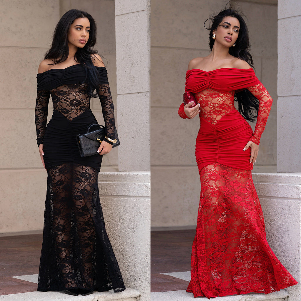 Fashion Women's Sexy One-Shoulder Lace Bodycon Dress