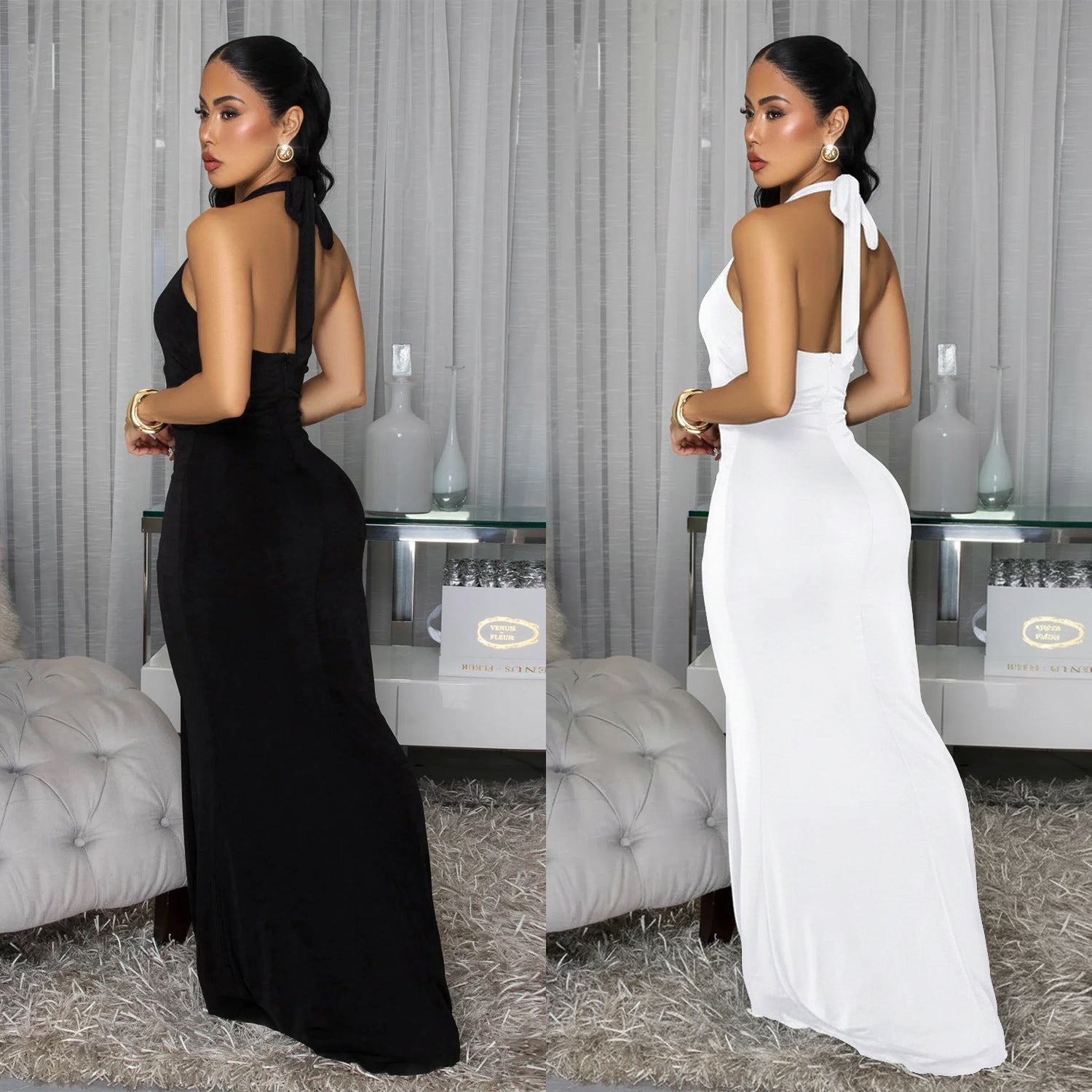 Fashion Women's Sexy Backless Halter Deep V Neck Solid Color Dress