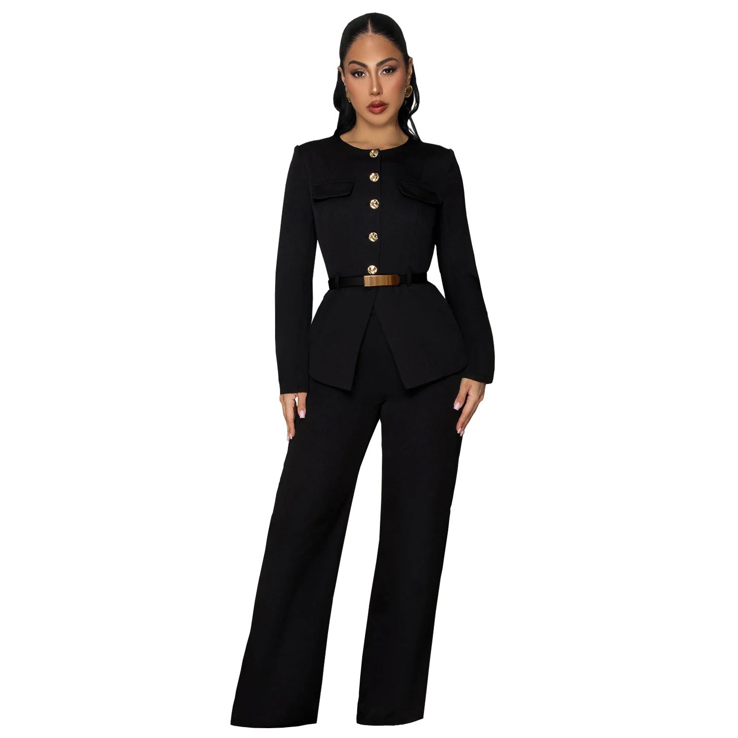 Fashionable Women's Slimming Belted Top and Pants Set