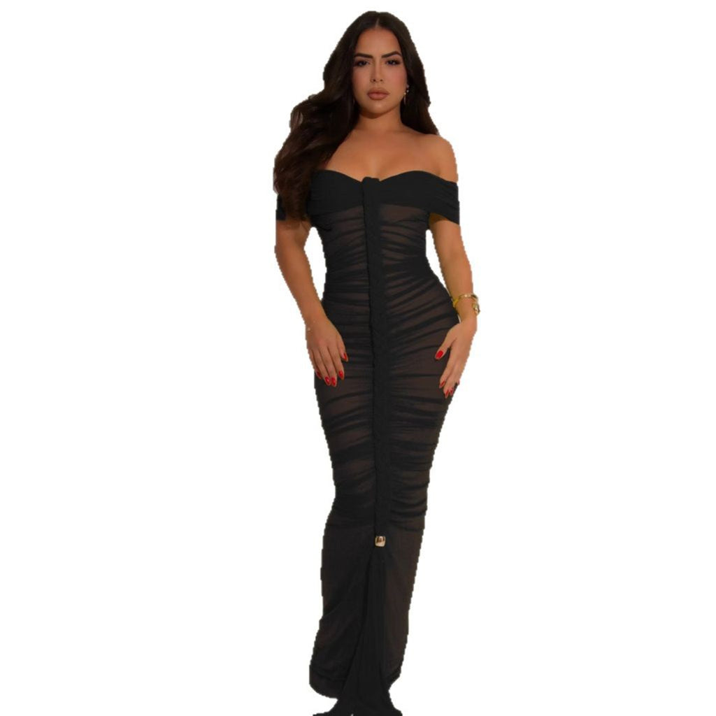 Style Sheer Mesh Sleeveless Ruched Extra Long Dress