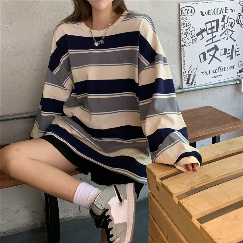 Casual Loose Stripe Long Sleeve T-Shirt Women Fashion Student Basic Top