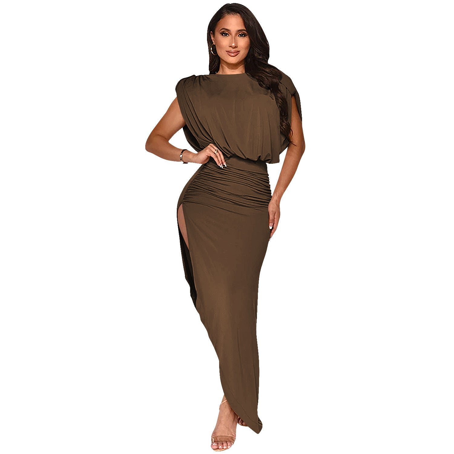 Fashion Solid Color Women's Round Neck Sleeveless Pleated Asymmetrical Slit Long Dress