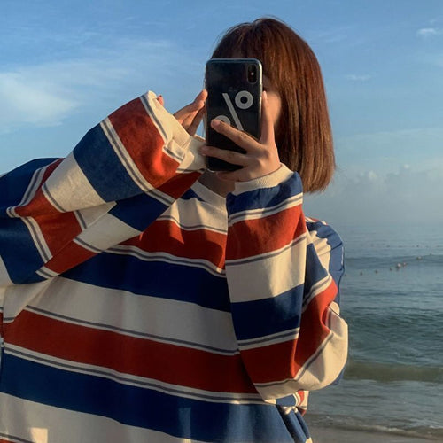 Casual Loose Stripe Long Sleeve T-Shirt Women Fashion Student Basic Top