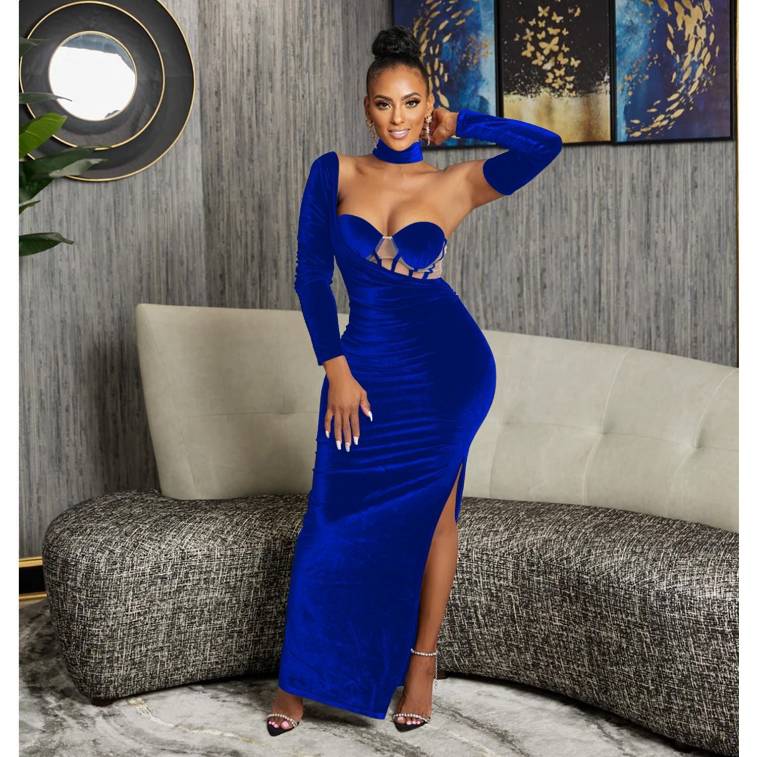 Fashion Women's Solid Color Strapless Gloves Dress Long Dress