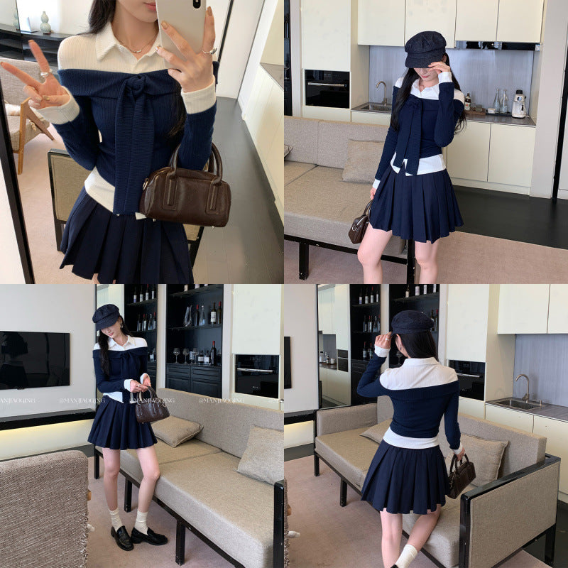 Design Sense Color-Blocking Patchwork False Two-Piece Turn-Down Collar Knit Top