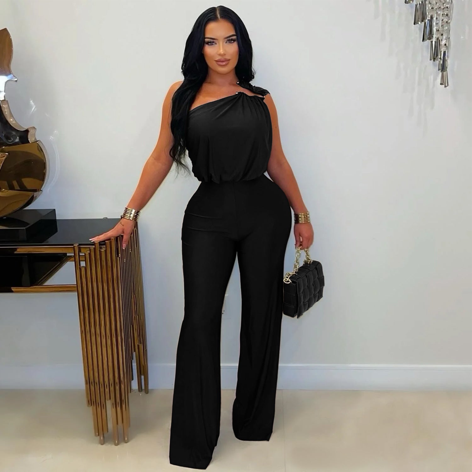 Fashion Women's Casual Off-Shoulder Sleeveless Bodycon Wide-Leg Jumpsuit