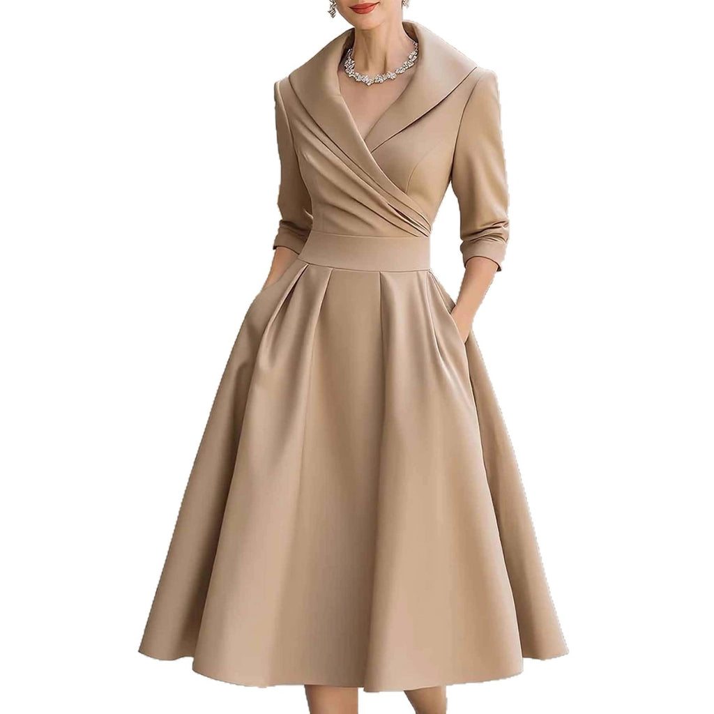 Elegant Satin Long Sleeve Belted Dress for Spring and Autumn