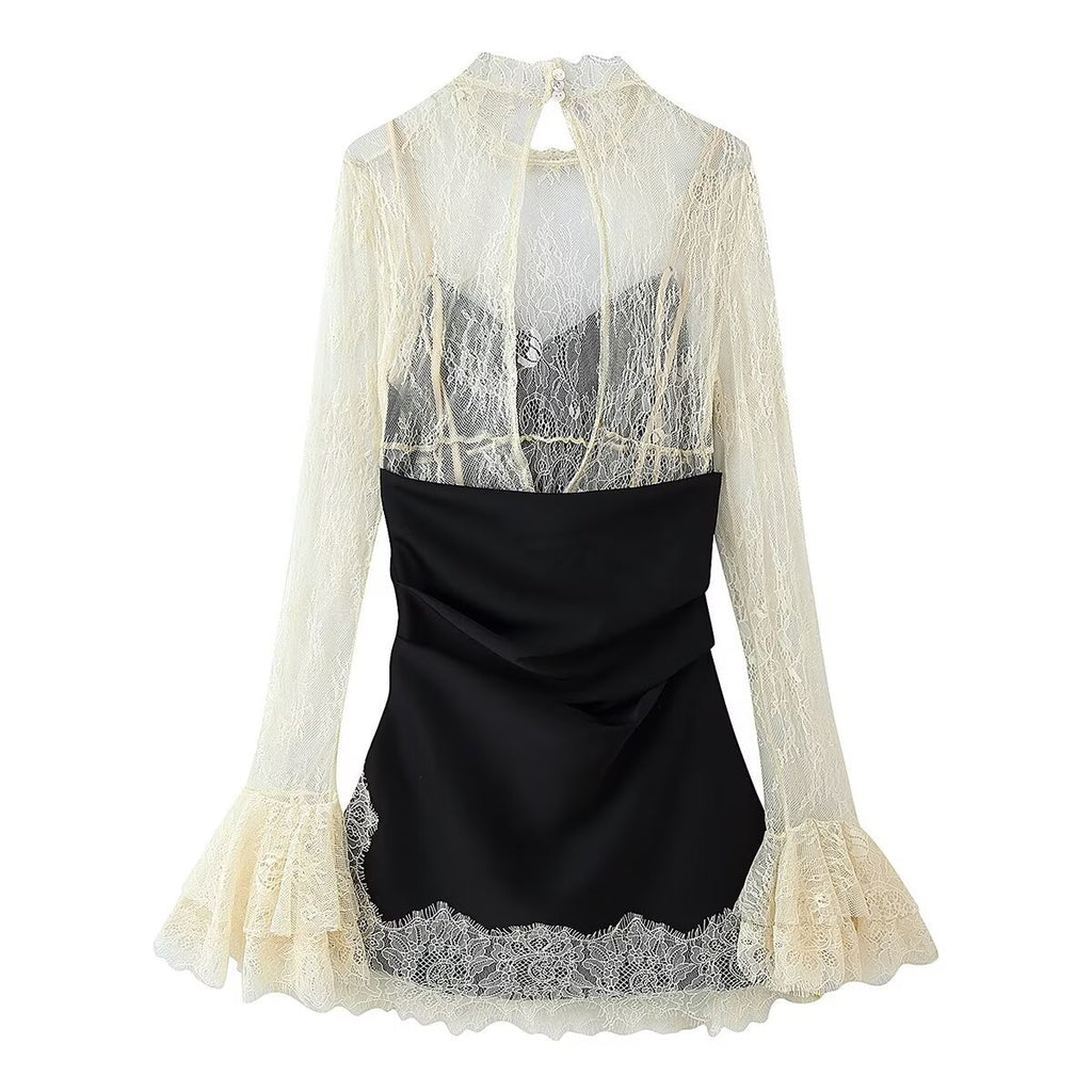 Sexy lace patchwork flared sleeve dress