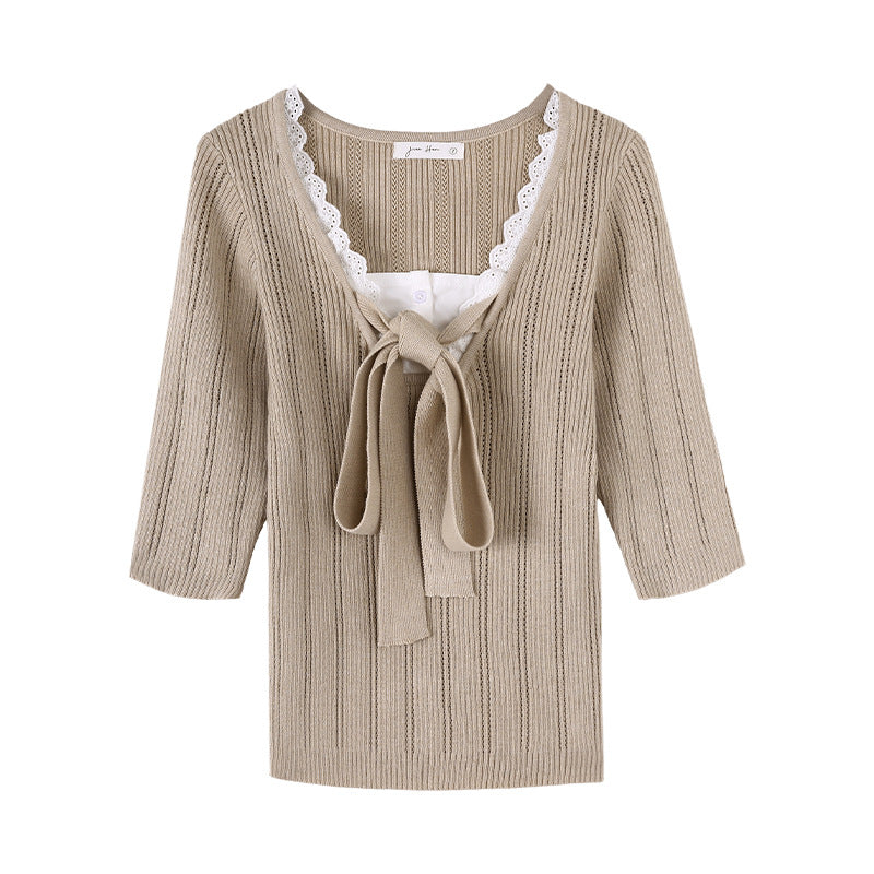 Lace Spliced Mock Two-Piece Knotted Knit Top for Women