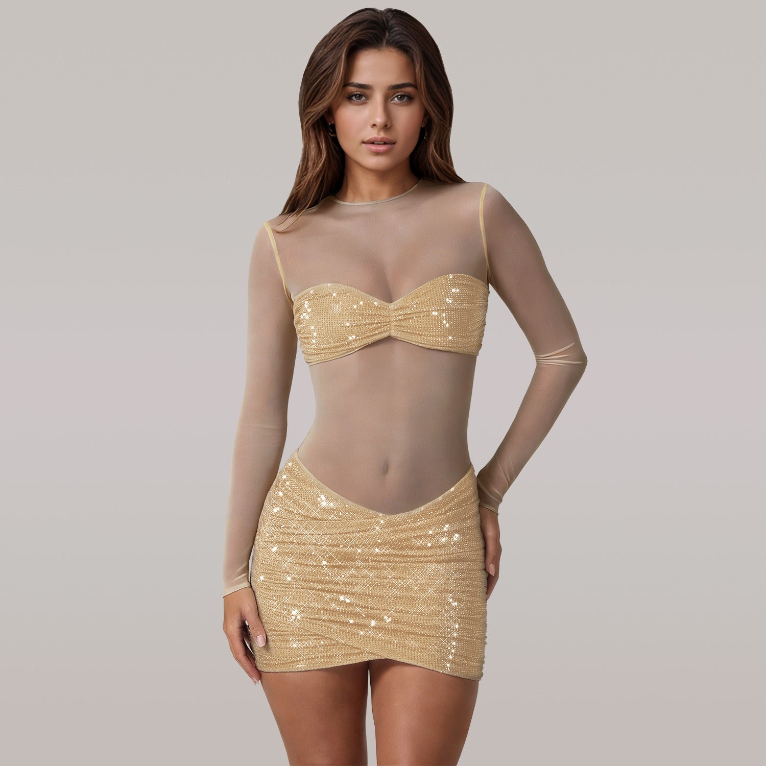 Fashion Women's Sexy Sheer Mesh Rhinestone Dress Mini Skirt