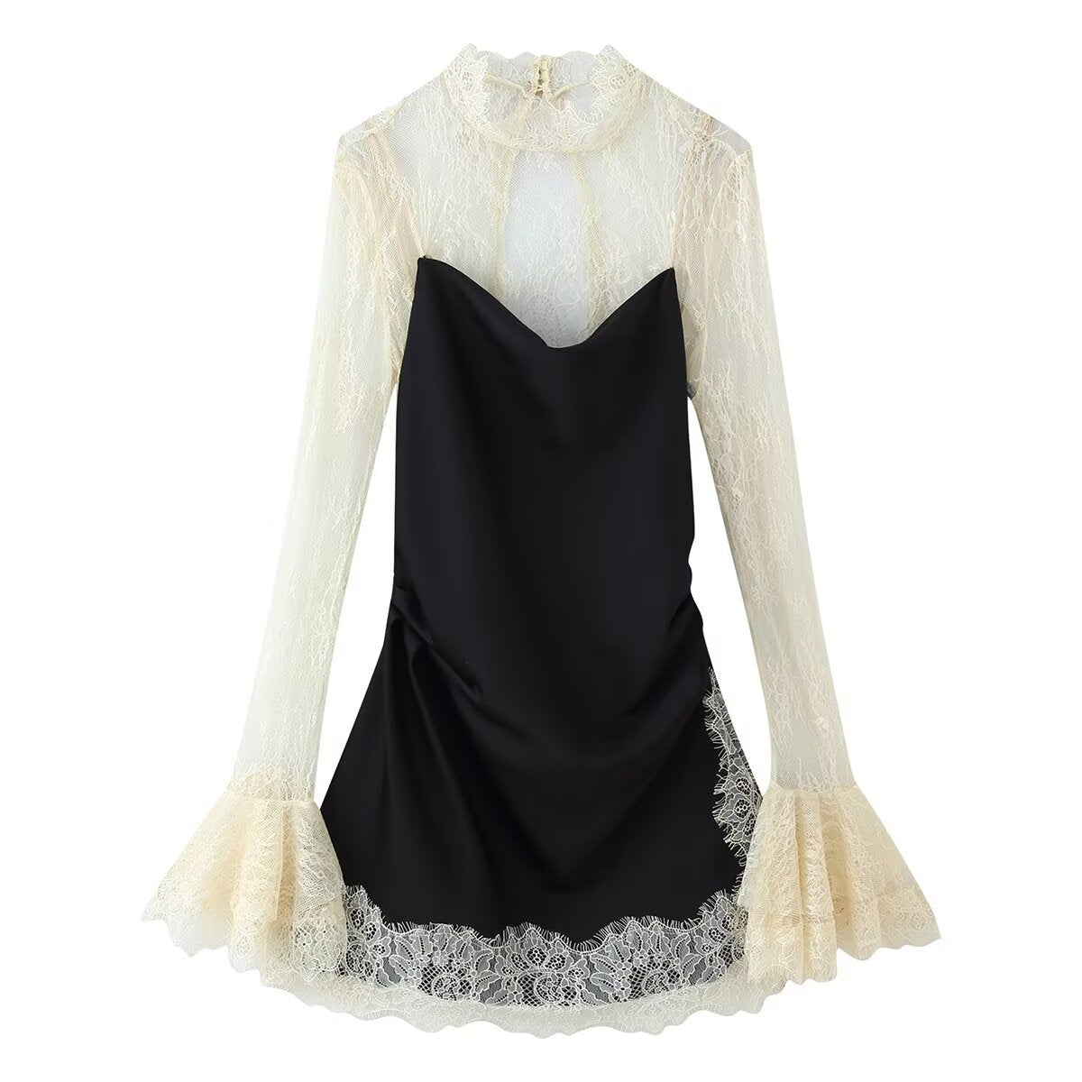 Sexy lace patchwork flared sleeve dress