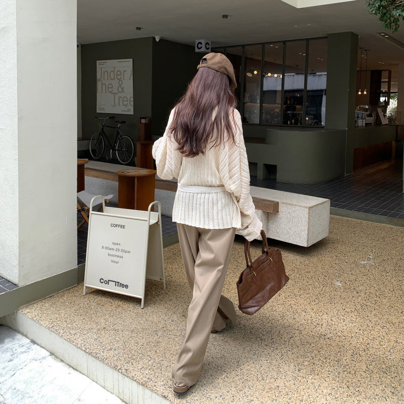 Loose Lazy Atmosphere Outfit Apricot Long Sleeve Knit Cardigan Coat for Women