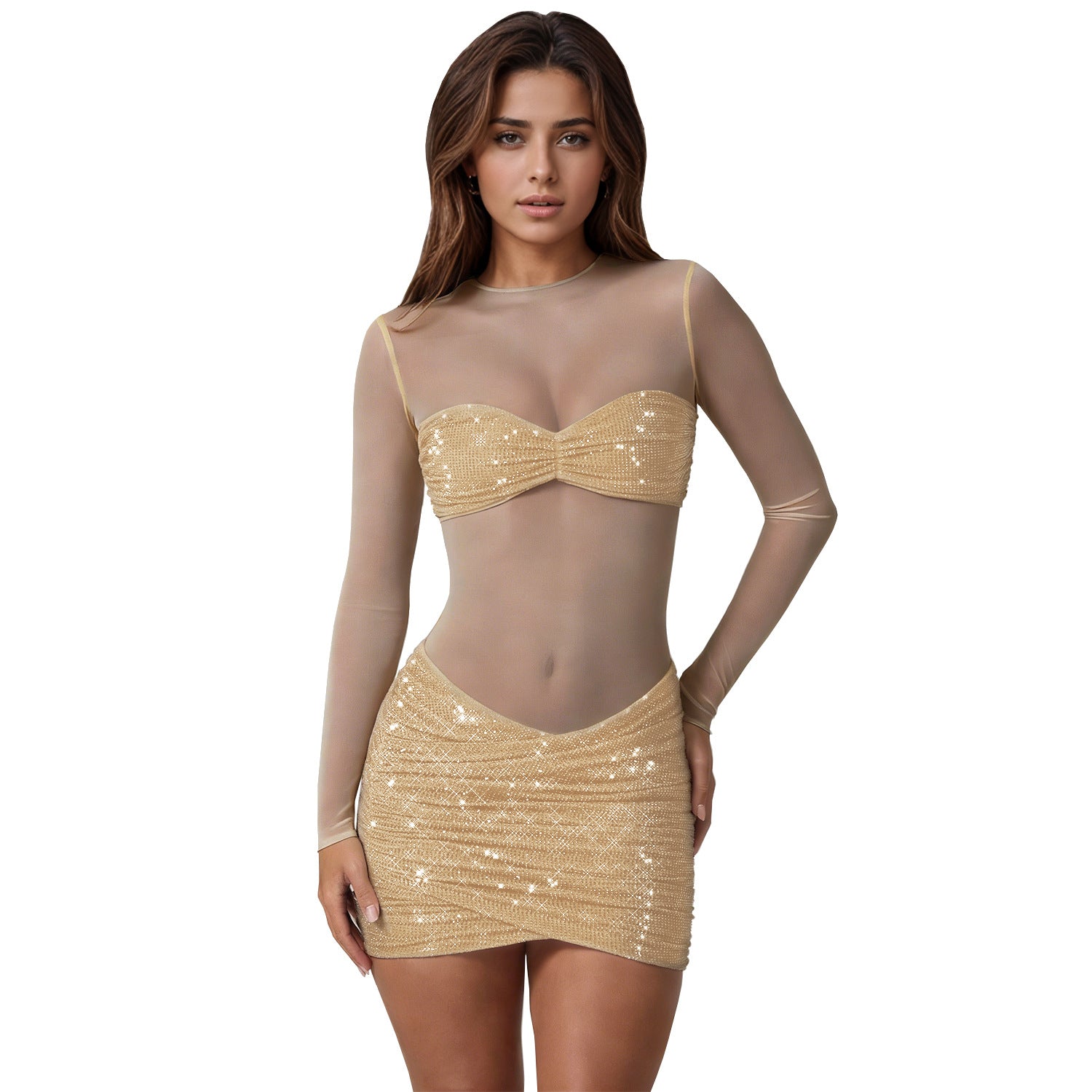 Fashion Women's Sexy Sheer Mesh Rhinestone Dress Mini Skirt