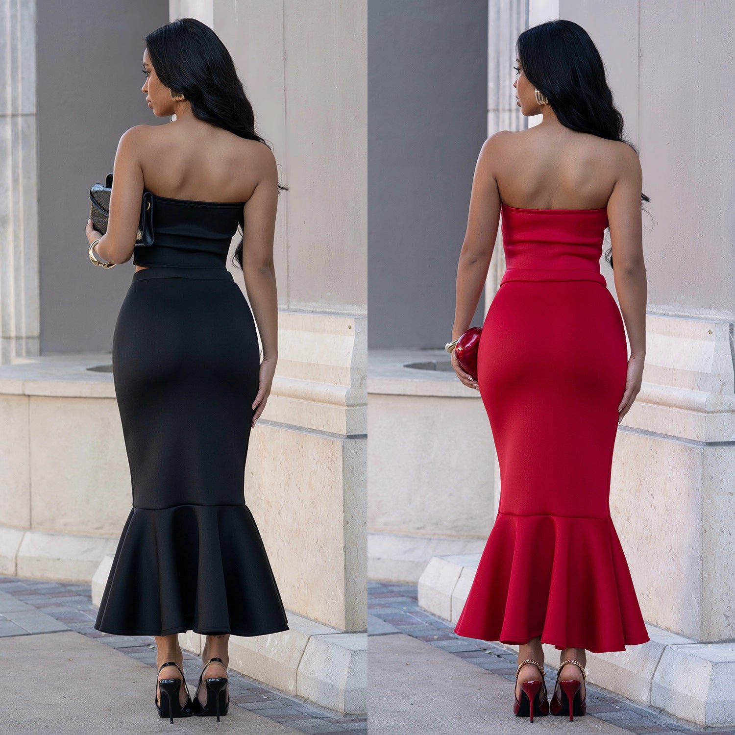 Fashion Women's Sexy Strapless Top with Lace Trim Bodycon Skirt Set