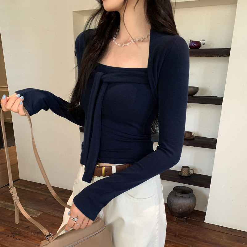 Design Sense Tie-Neck Square Collar Crop Top T-Shirt for Women