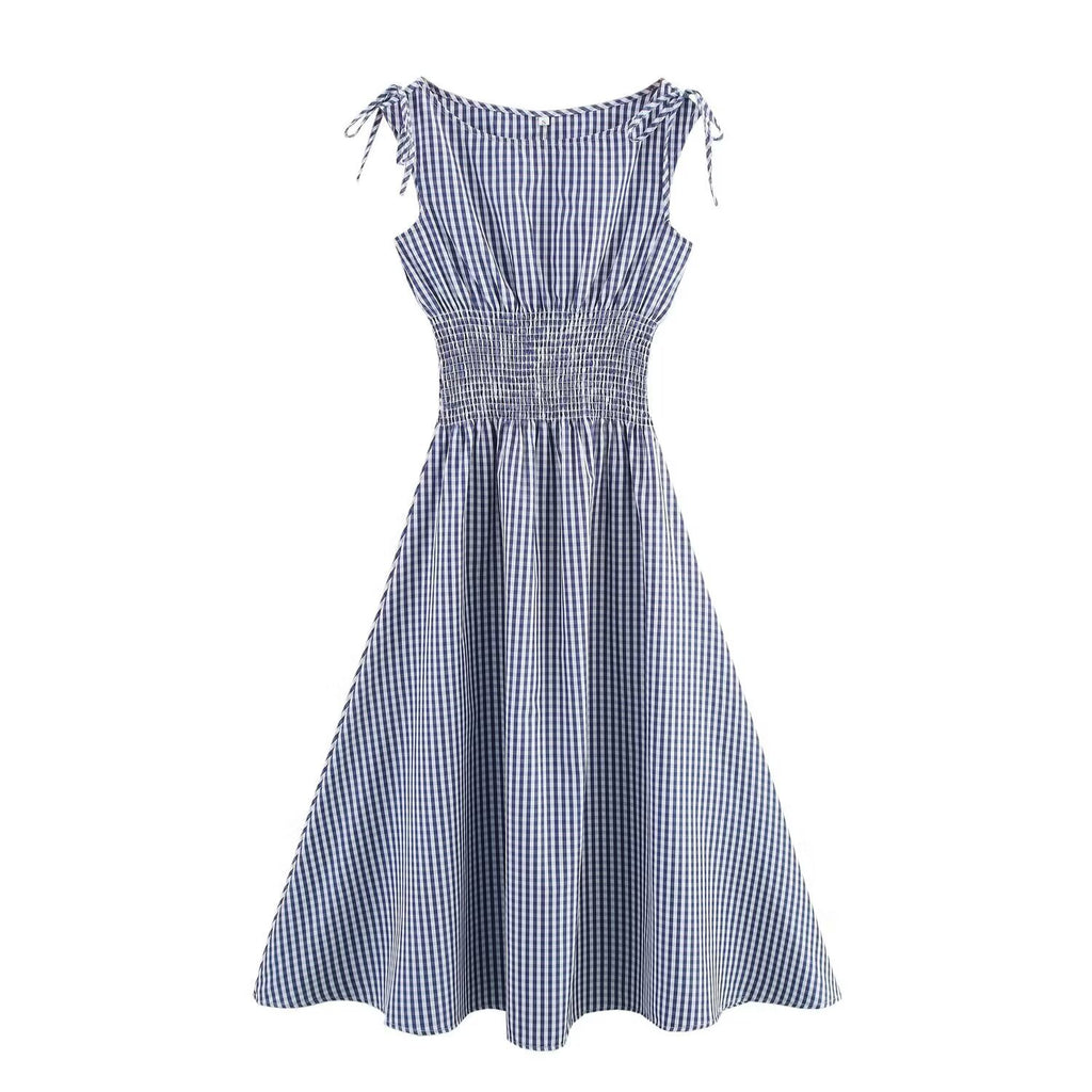 Women's Dress Classic Versatile Plaid Waist-Cinching Tie-Up Dress