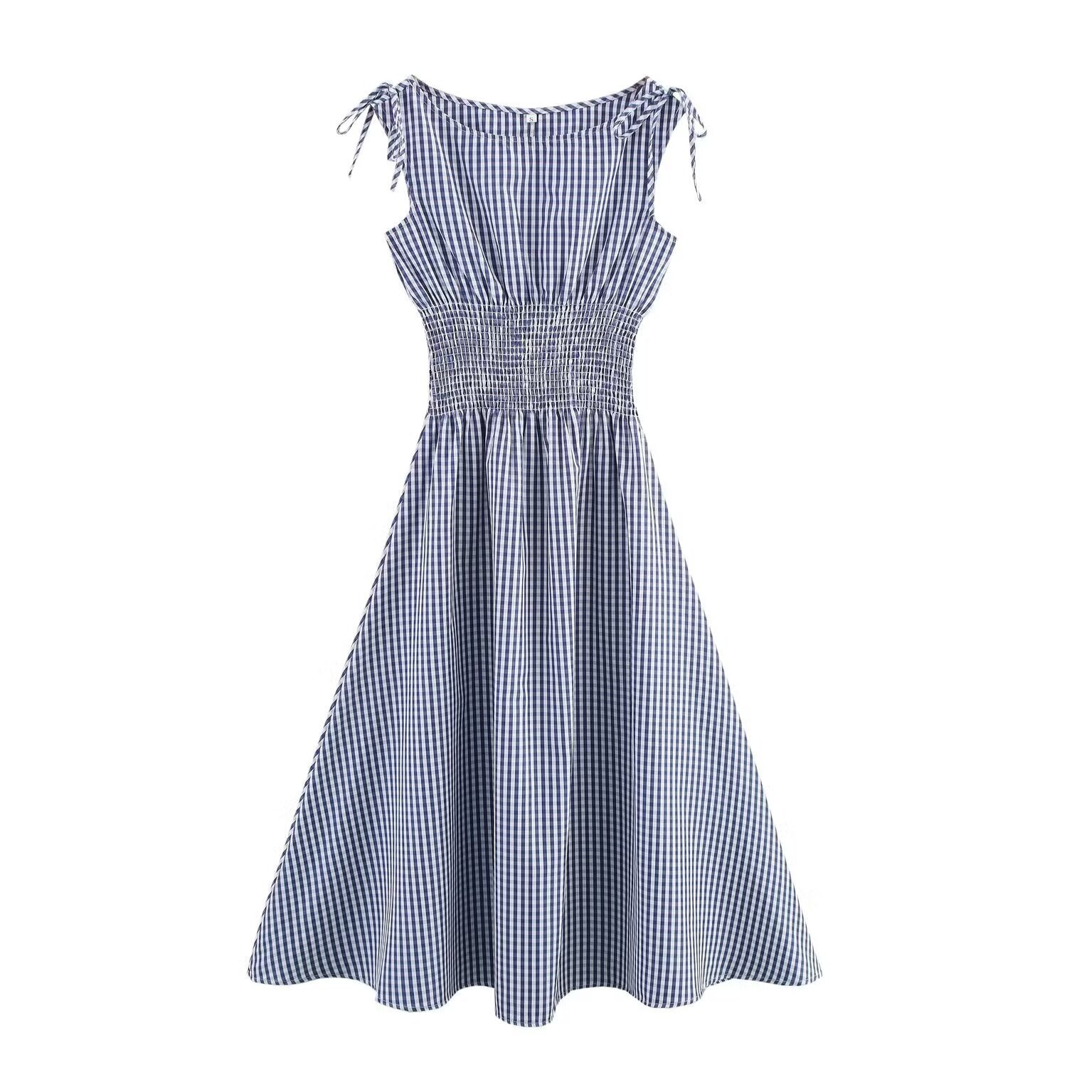 Women's Dress Classic Versatile Plaid Waist-Cinching Tie-Up Dress