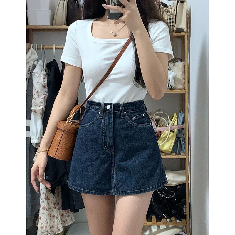 Retro Denim Mini Skirt for Women High Waist Plus Size Tummy Hiding Hip Concealing Slimming A-Line Half Skirt Pants