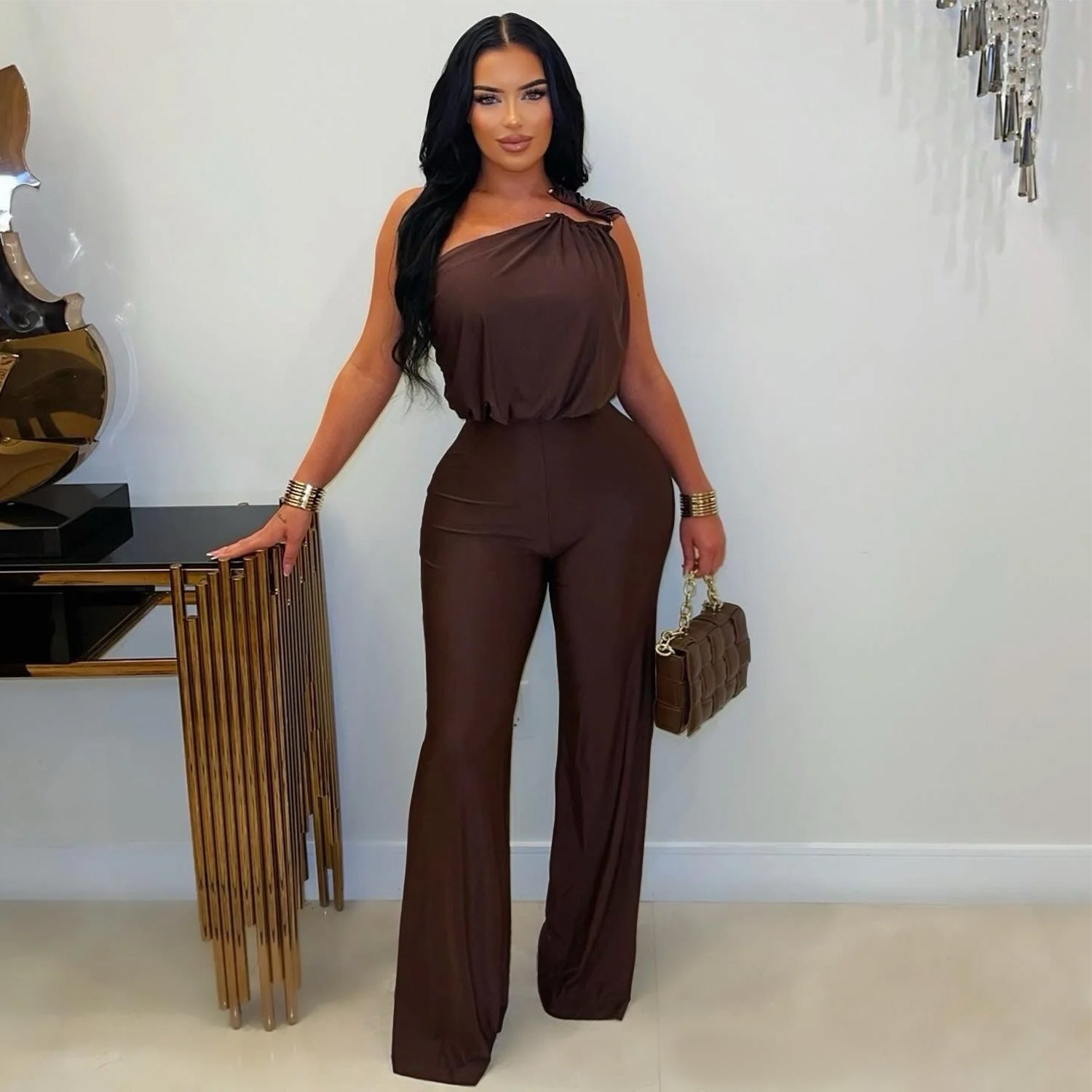 Fashion Women's Casual Off-Shoulder Sleeveless Bodycon Wide-Leg Jumpsuit