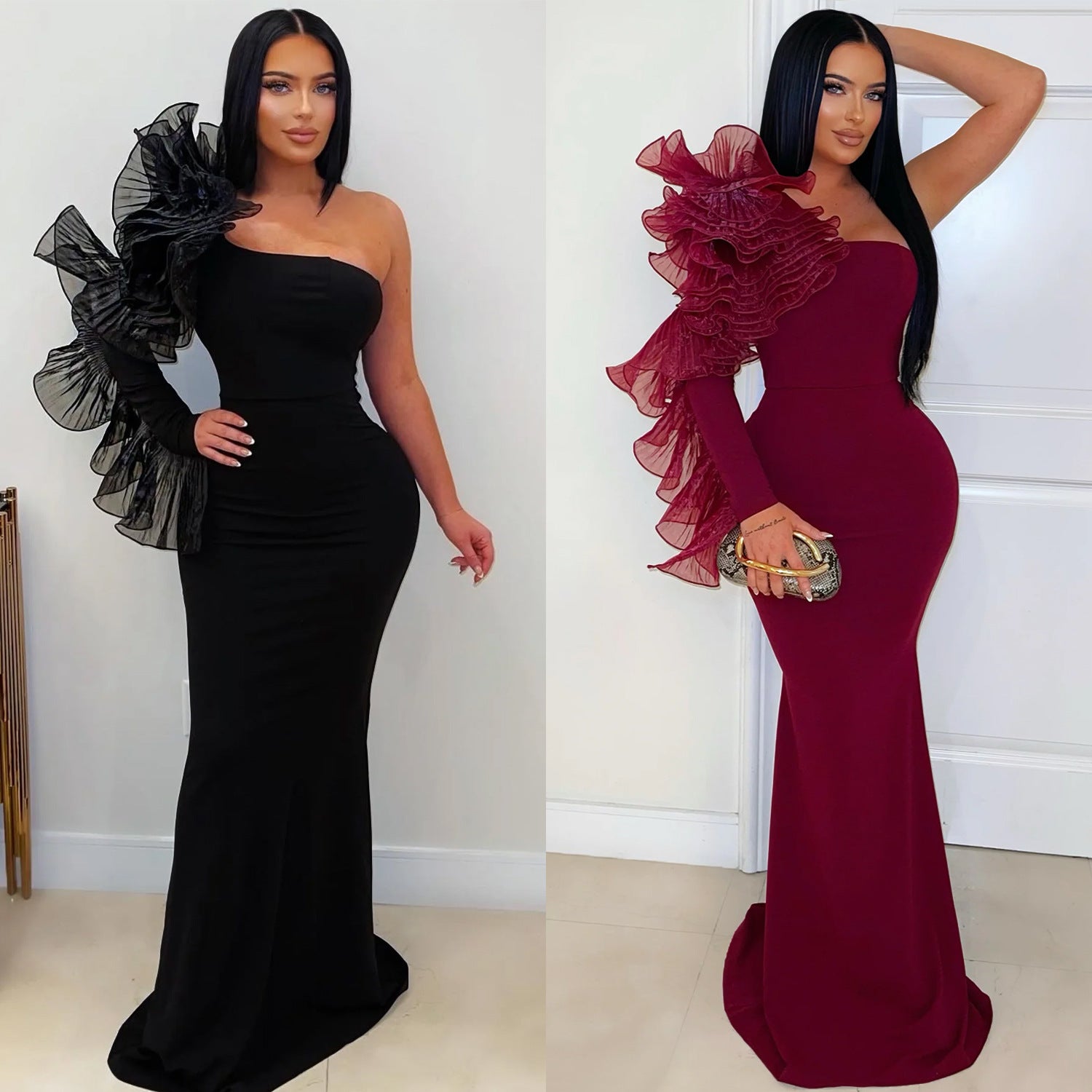 Fashion Elegant Single Ruffle Sleeve Fitted Dress for Women