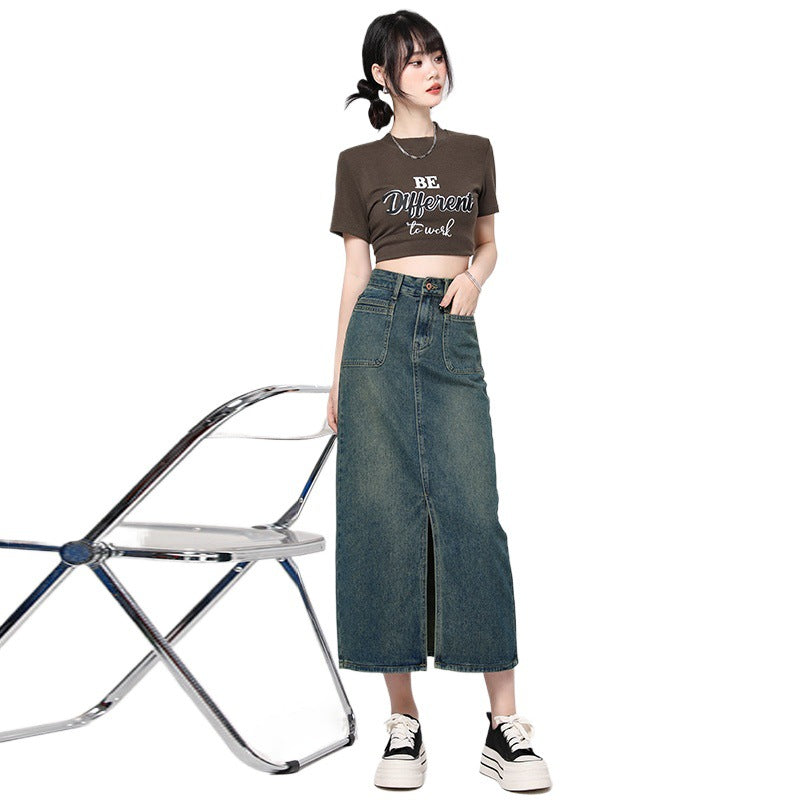 Fall New Double Pocket Slit Denim Skirt for Women High Waist Long Loose Slim Fit Drape Straight Midi Skirt