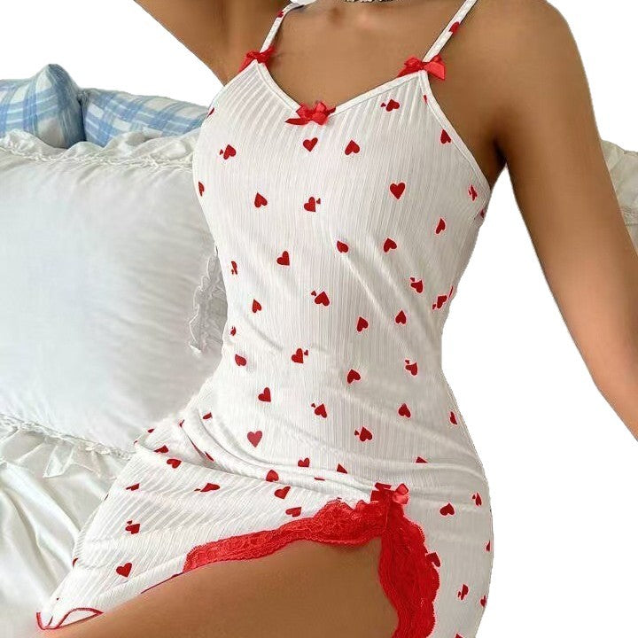 Romantic Heart Print Color-Blocking Lounge Wear, Slit Lace Trim Strap Dress