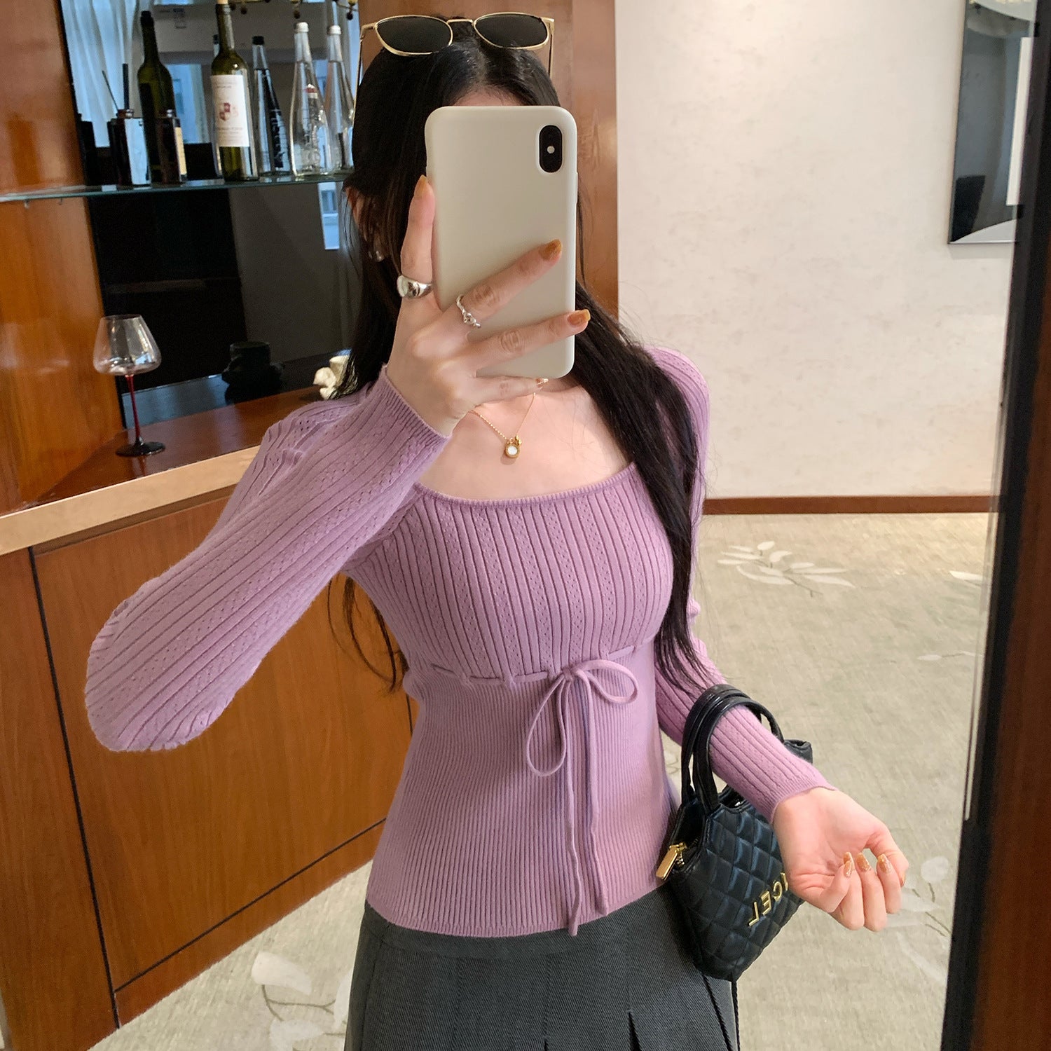 Sweetheart Bow Tie Waist-In Tucked Square Neck Knit Top for Women Slim Fit Bodycon Blouse