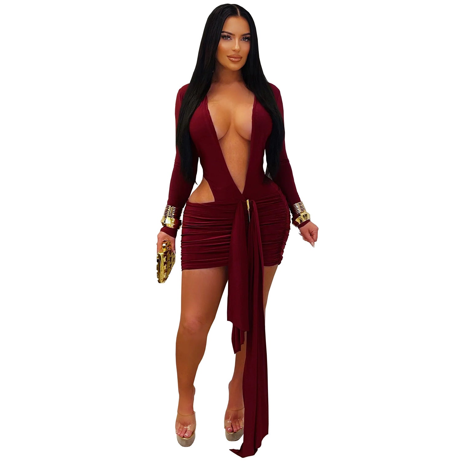 Fashion Women's Sexy Deep V Neck Solid Color Ribbon Dress Mini Dress