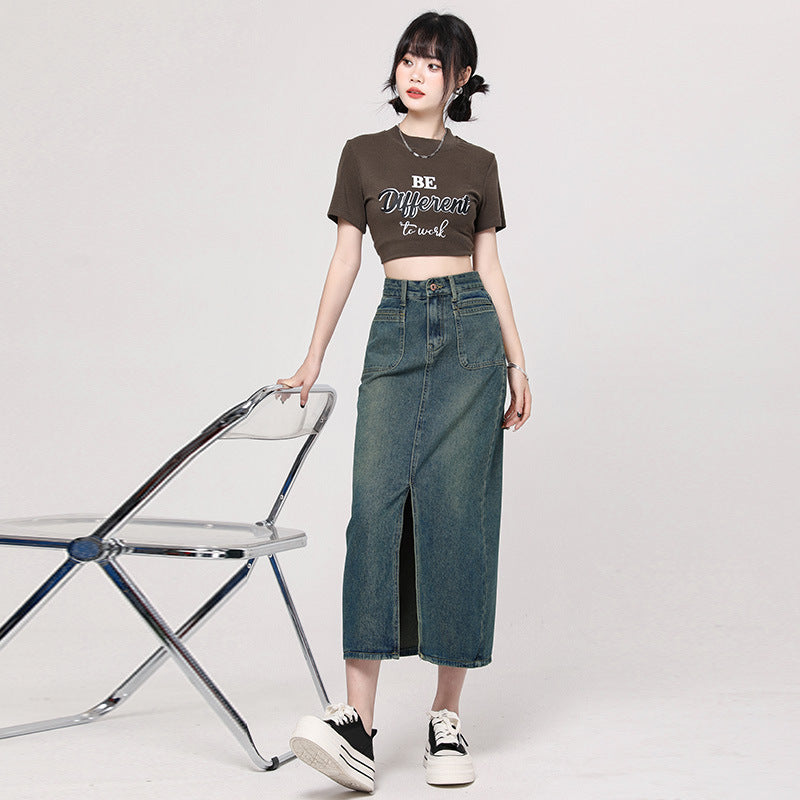 Fall New Double Pocket Slit Denim Skirt for Women High Waist Long Loose Slim Fit Drape Straight Midi Skirt