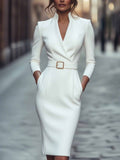 Elegant Spring Autumn Long Sleeve Pocket Dress with Belt