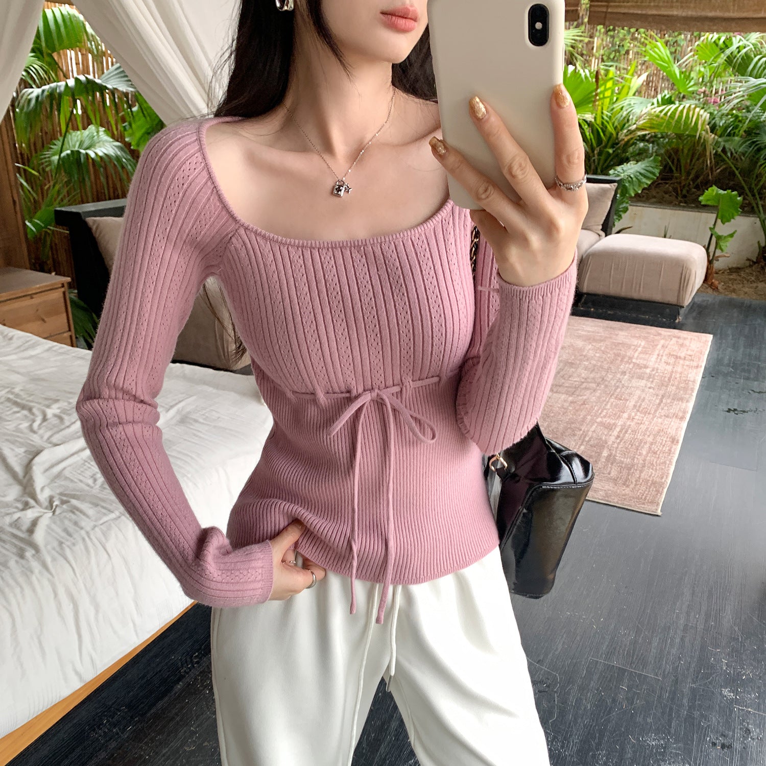 Sweetheart Bow Tie Waist-In Tucked Square Neck Knit Top for Women Slim Fit Bodycon Blouse