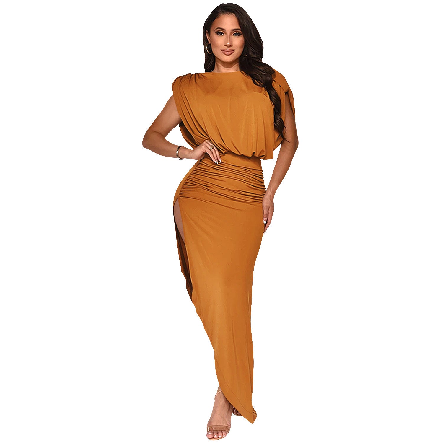 Fashion Solid Color Women's Round Neck Sleeveless Pleated Asymmetrical Slit Long Dress