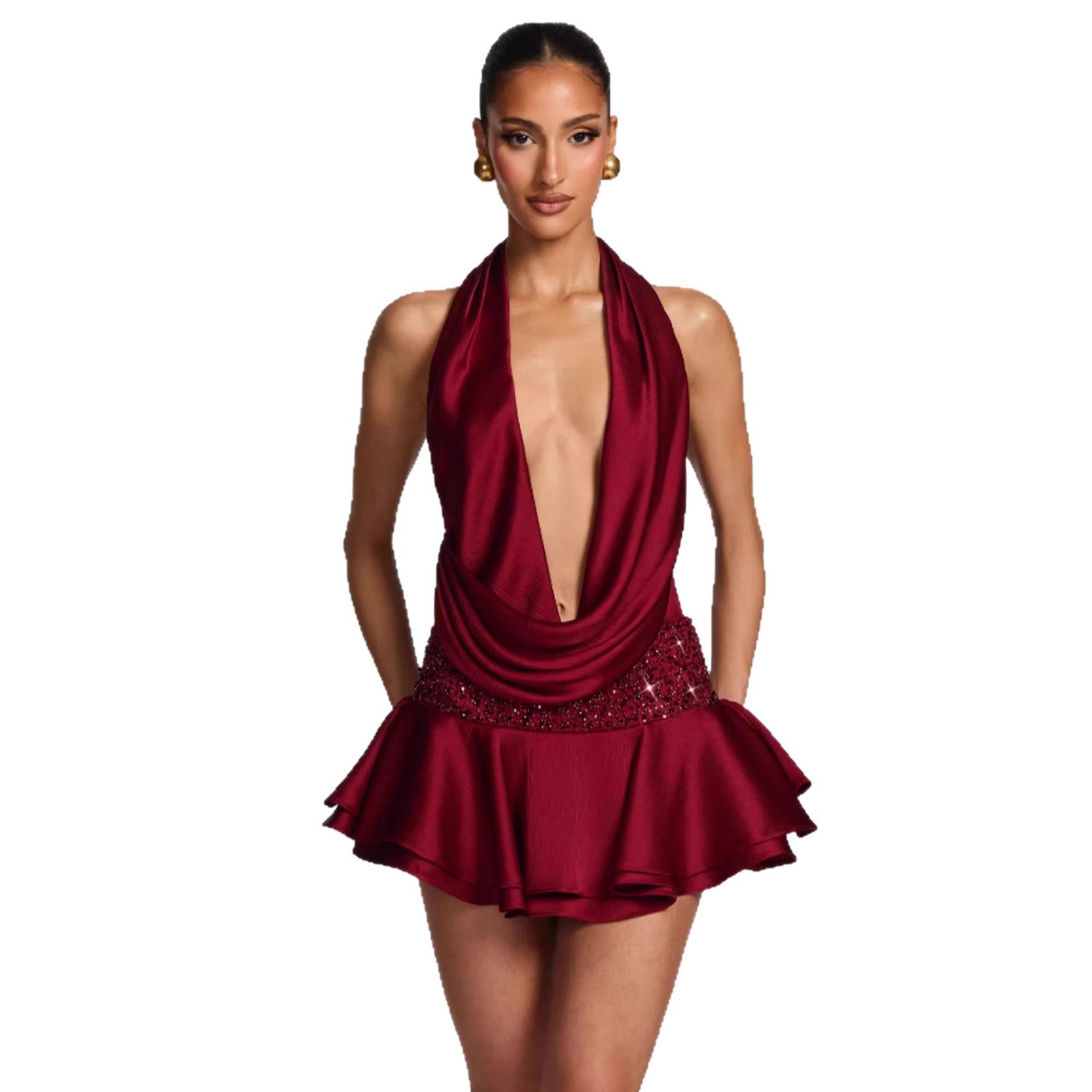 Hanging neck deep V-satin set with sequins, waist cinched ruffle edge short skirt two-piece set
