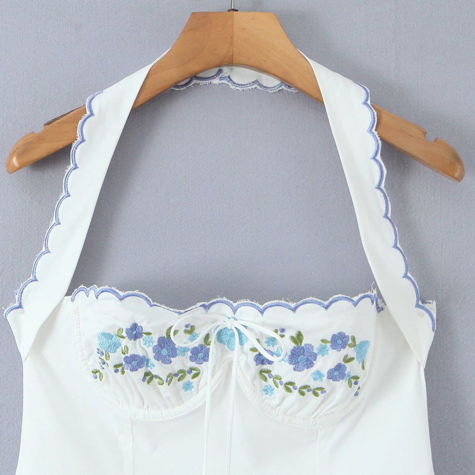 Embroidered neck hanging collar slim mini dress