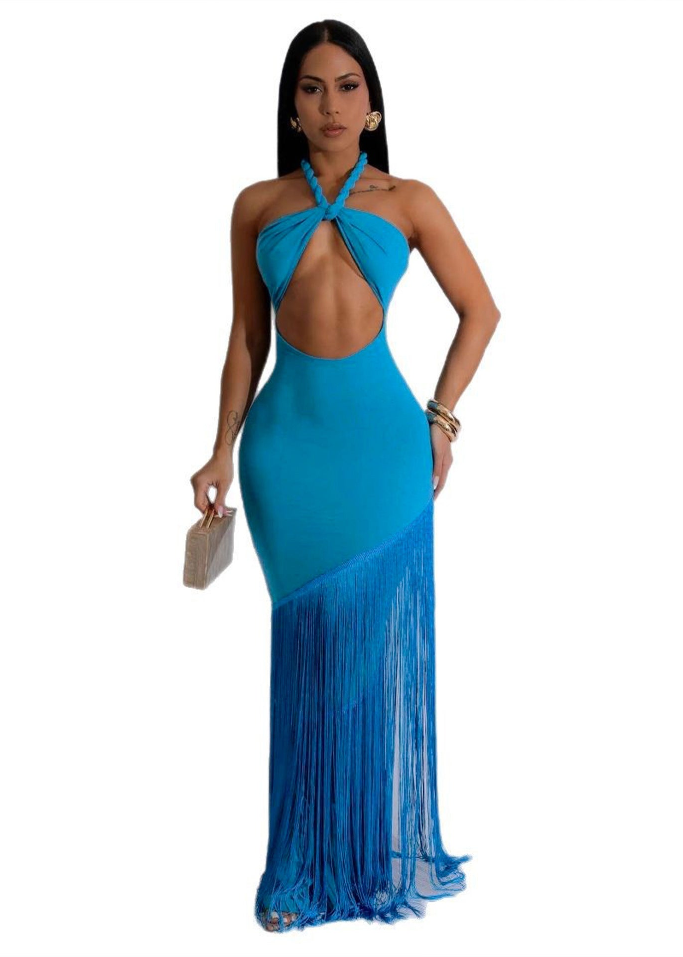 Women's Hollow-Out Design Sleeveless Halter Bodycon Fringe Long Dress