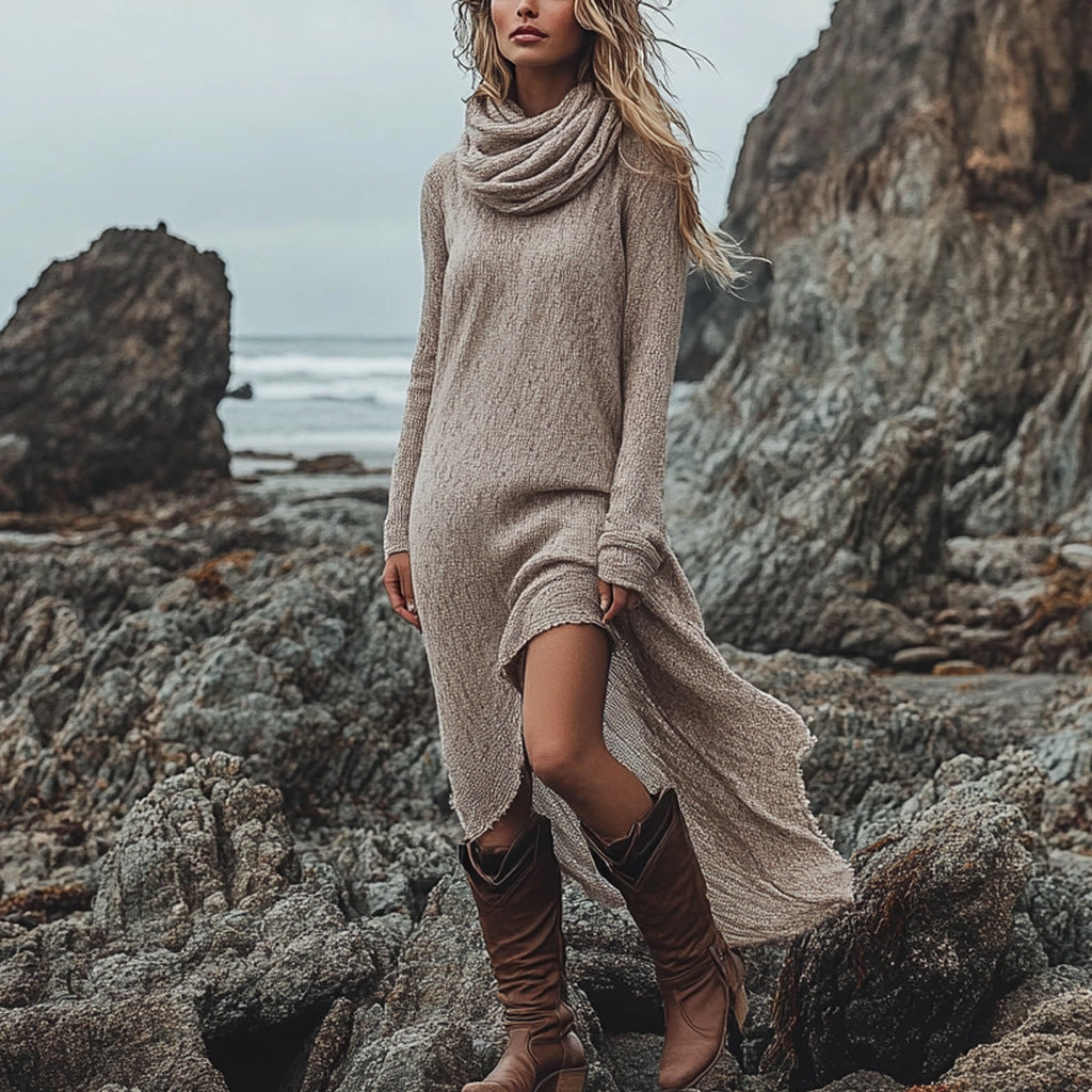 Fashion Solid Color Turtleneck Long Sleeve Dress