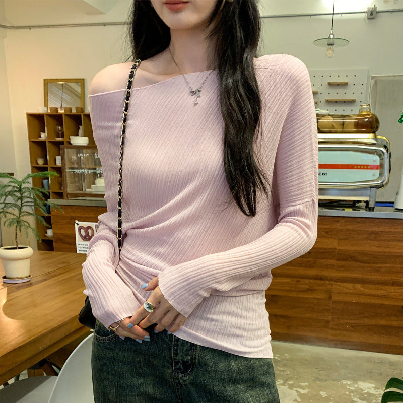 Soft and Elegant High-Knowledge Style Pink One-Shoulder Knit Top