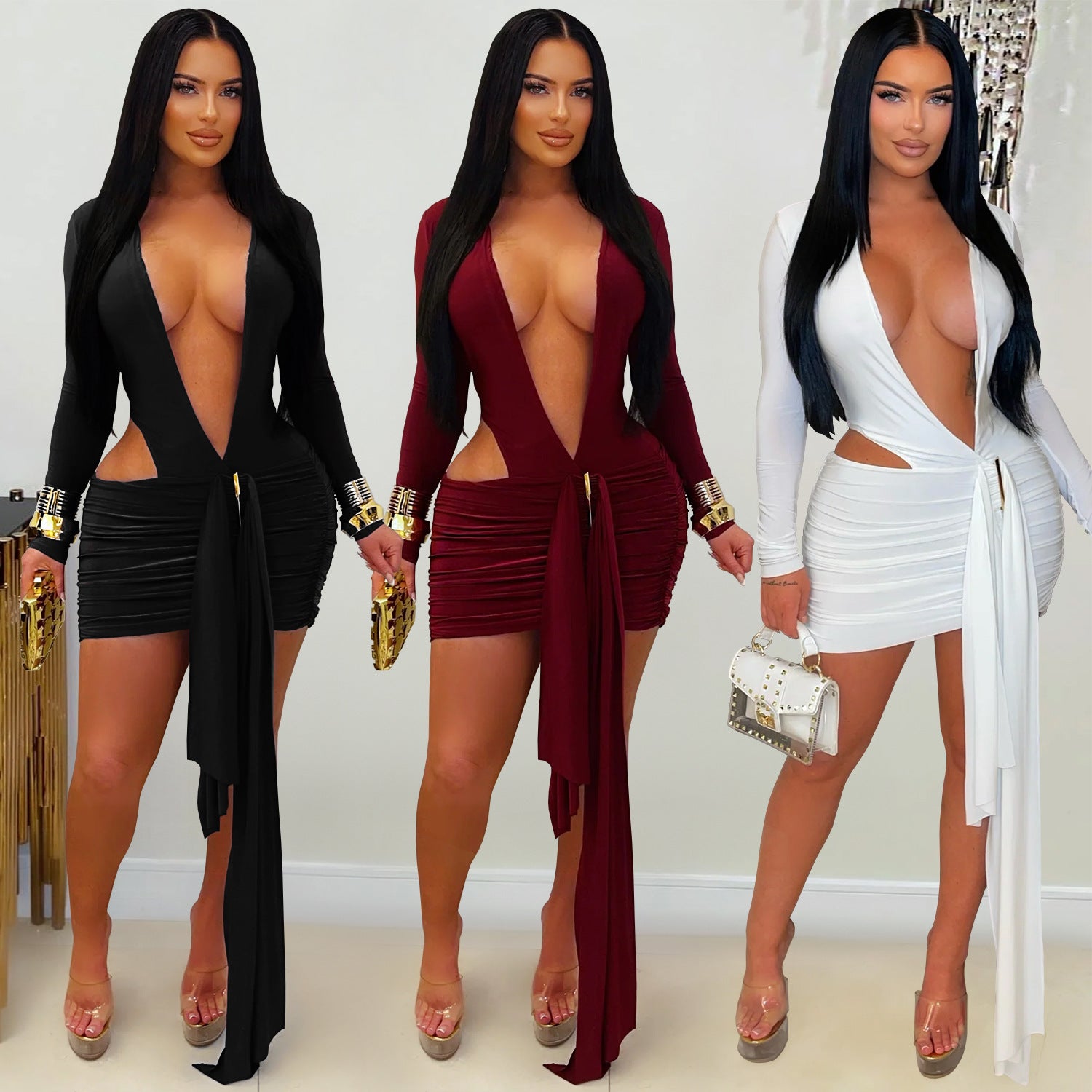 Fashion Women's Sexy Deep V Neck Solid Color Ribbon Dress Mini Dress