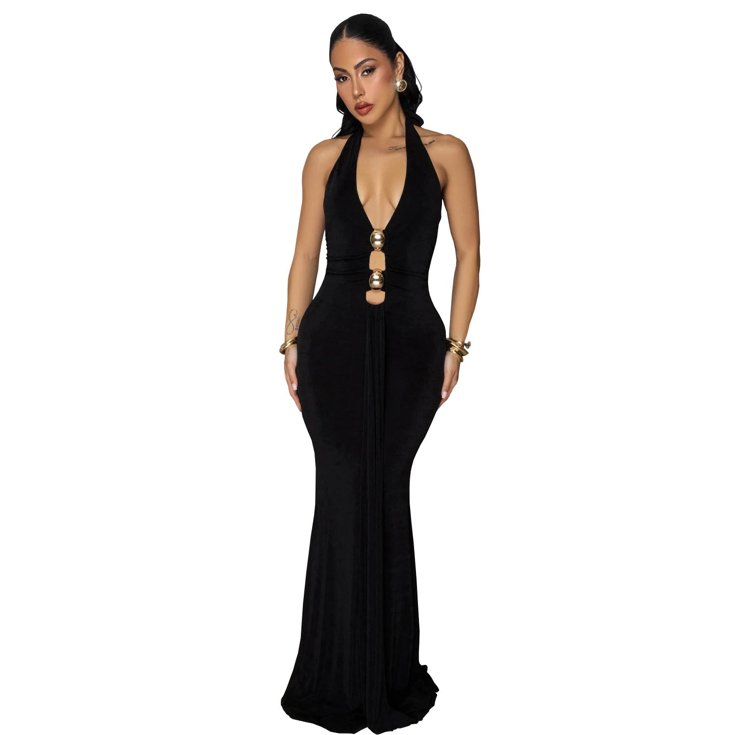 Fashion Women's Sexy Backless Halter Deep V Neck Solid Color Dress
