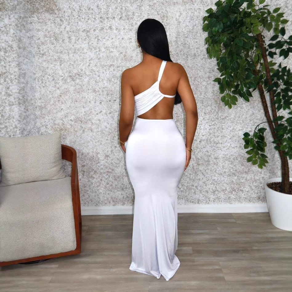 Style Women's Fashion Solid Color Long Dress Single Shoulder Pleated Dress